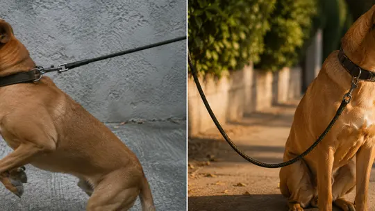 Comparação lado a lado: à esquerda a guia esticada e o cão puxando; à direita a mesma guia folgada, formando uma curva solta